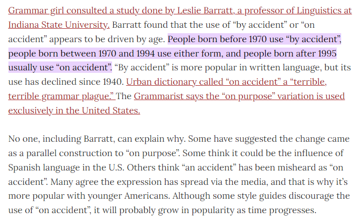 LachTalk's tweet image. today's #petpeeve = people who say "on accident".

it drives me absolutely CRAZY.

but research indicates I'm just a grumpy old man.

I'll still be annoyed and wish it didn't happen, but apparently it's allowed now.

#bahhumbug

juliatomiak.com/grammar-check-….