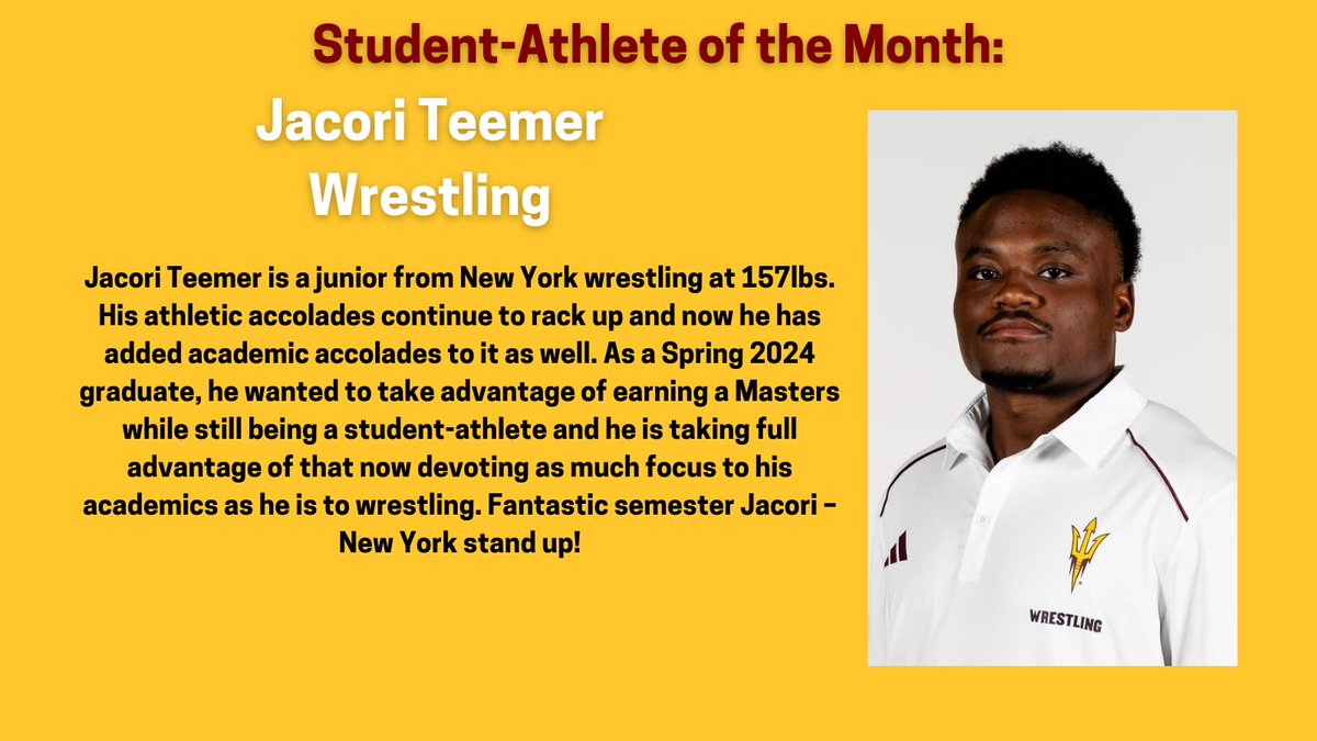 Our Most Improved Male Student-Athlete of the month is Jacori Teemer from @ASUWrestling! Jacori's hard work this month has paid off - Congratulations on a great job in your sport and in the classroom! @TheSunDevils #O2V!