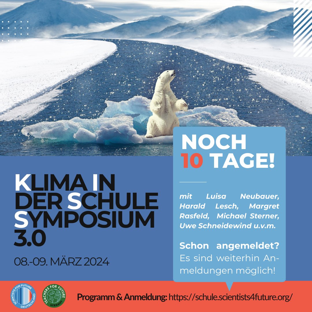 Noch 10 Tage bis zum “Klima in der Schule Symposium” (KISS) 3.0! 🔥

Bist du schon angemeldet? Wenn nicht, schau unbedingt auf unserer Webseite (schule.scientists4future.org/kiss-2024/) vorbei. Dort findest du auch eine Übersicht des geplanten Programms und weitere Informationen.