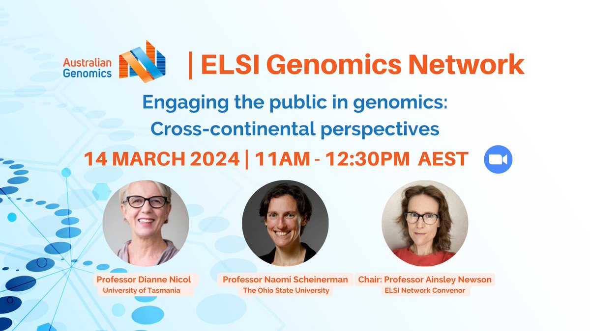 Join the Aus ELSI Gen Network for a lively discussion on genomics and public engagement!

🗓️ Thursday 14 March, 11am (AEDT)

Register here: tinyurl.com/346ed5yu

#ELSI #genomics