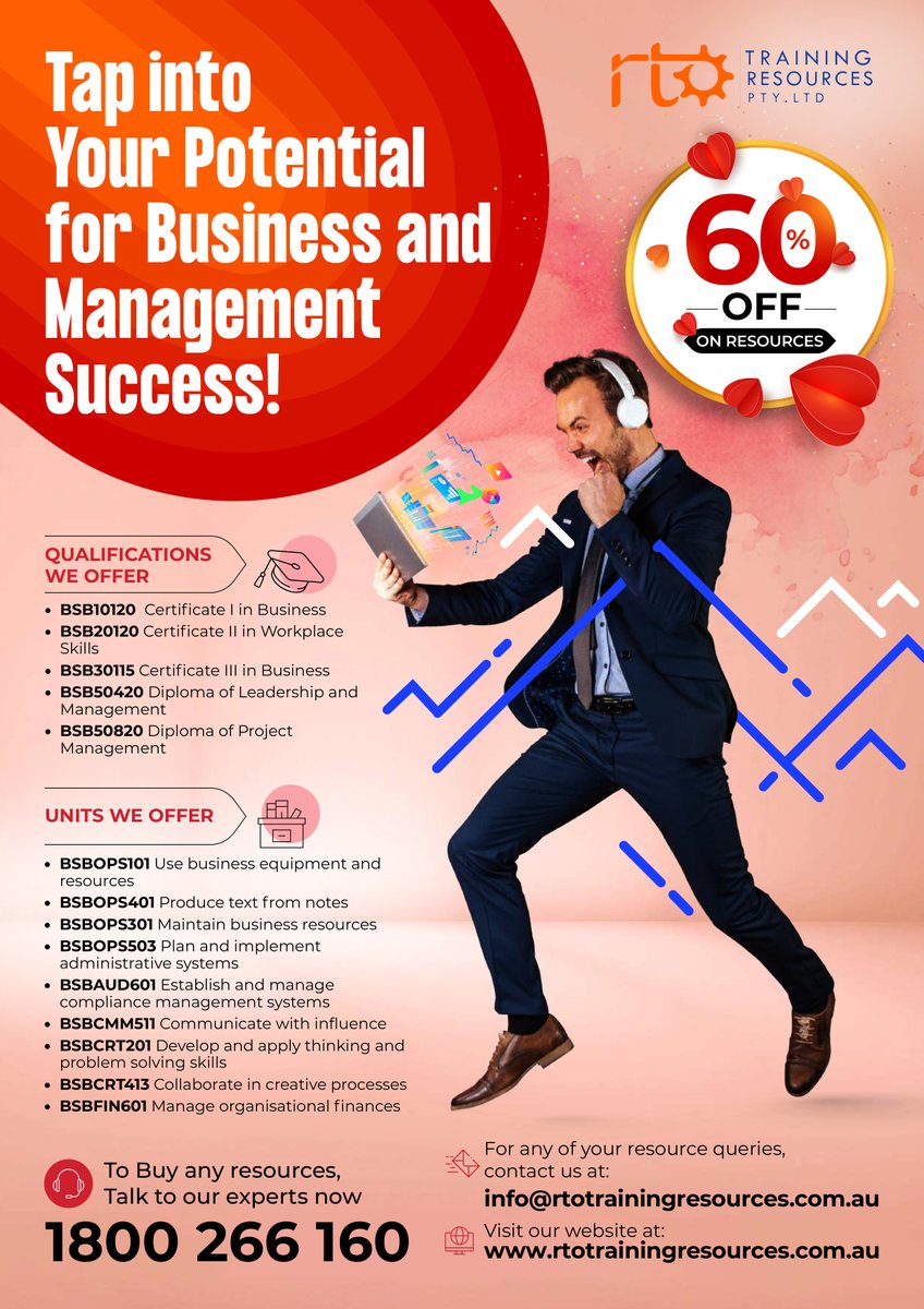 RtoTraining's tweet photo. Dont miss the exciting Offers!

60% off on all RTO Training Resources
https://t.co/XhbFUua82R

Call us on 1800 266 160
Email at info@rtotrainingresources.com.au
Request a Free Sample online https://t.co/XhbFUua82R

#RTOTrainingResources #RTO #LearningResources #TrainingMaterials https://t.co/WD7qzW5FyK