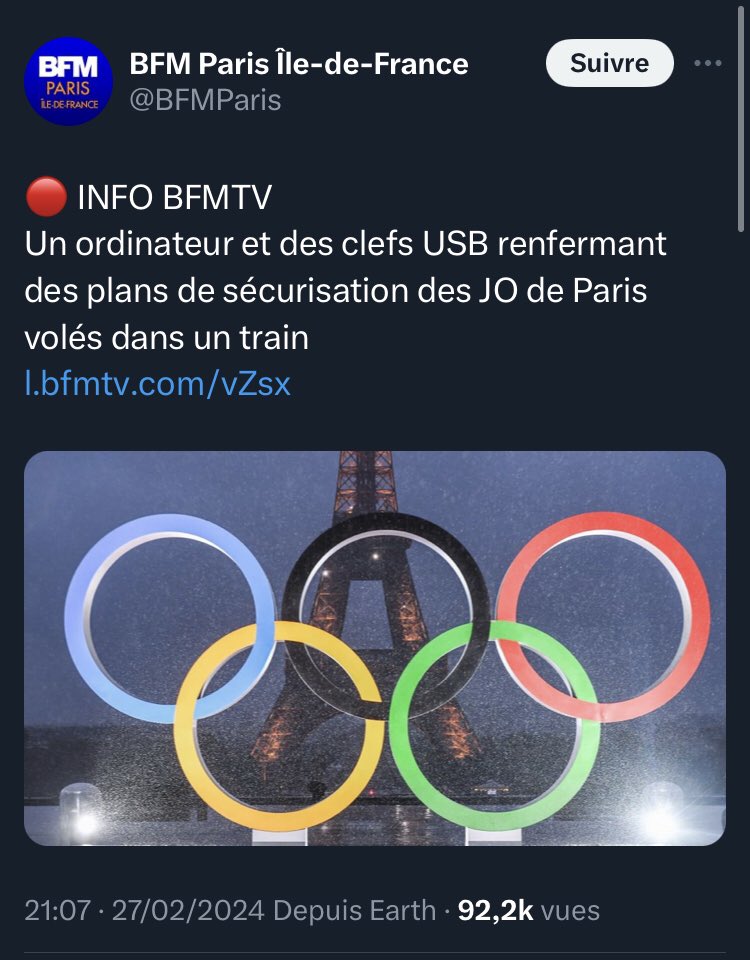 🚨 À 5 mois des JO, un employé de la Mairie de Paris s’est fait voler les plans de la sécurisation dans un train 😐

Non mais vous êtes sérieux les gars ???

#GareDuNord #JO #JO2024 #JeuxOlympiques 
#ÇaVaBienSePasser 🤡