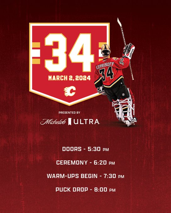 Kipper jersey retirement schedule: Doors open at 5:30 PM, ceremony begins at 6:20 PM, warm-ups begin at 7:30 PM, puck drop is 8:00 PM
