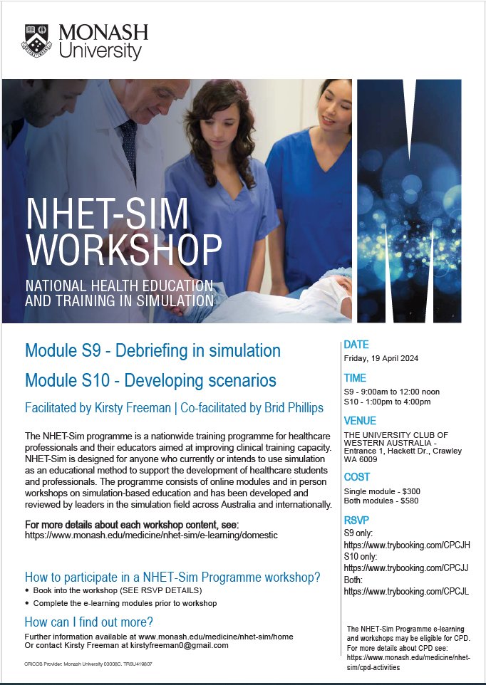 Are you involved in Simulation? Do you want to learn more about Debriefing and Developing Scenarios? Join @kirstyfreeman0 and myself for a NHET Sim workshop in Perth in April!