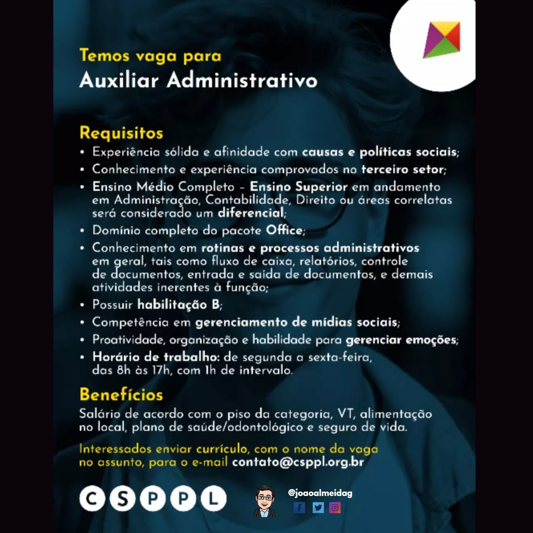Joaoalmeidag's tweet image. UTILIDADE PÚBLICA

⚠Vagas no CSPPL
✓ Auxiliar Administrativo
✓ Educador Social
✓ Oficineiro de Gastronomia e Panificação
✓ Oficineiro de Música 

🎯 Local: Bairro Restinga - Porto Alegre/RS 
Maiores informações nos cards👇🏼👇🏼👇🏼

Boa sorte🍀
@joaoalmeidag