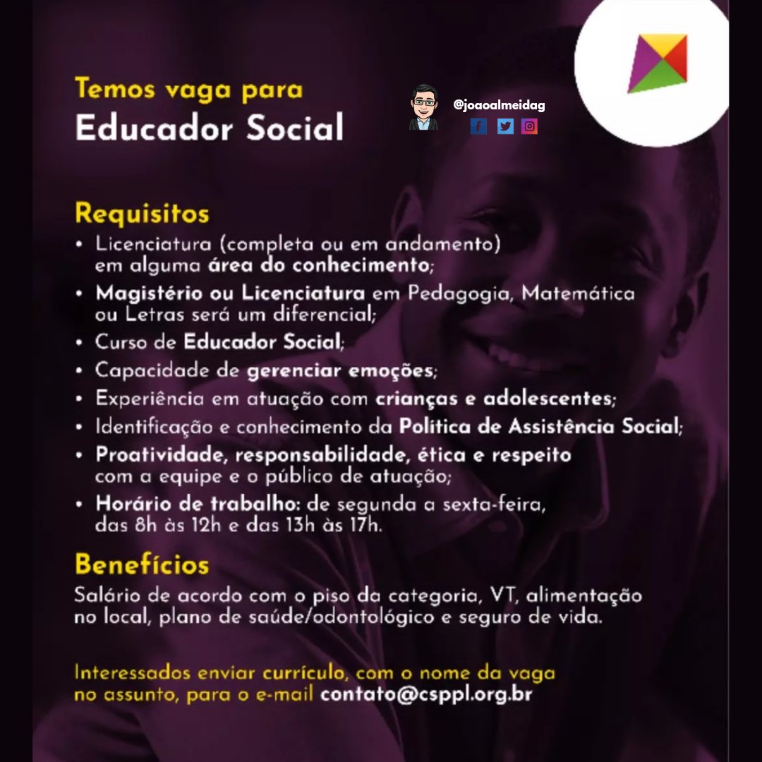 Joaoalmeidag's tweet image. UTILIDADE PÚBLICA

⚠Vagas no CSPPL
✓ Auxiliar Administrativo
✓ Educador Social
✓ Oficineiro de Gastronomia e Panificação
✓ Oficineiro de Música 

🎯 Local: Bairro Restinga - Porto Alegre/RS 
Maiores informações nos cards👇🏼👇🏼👇🏼

Boa sorte🍀
@joaoalmeidag