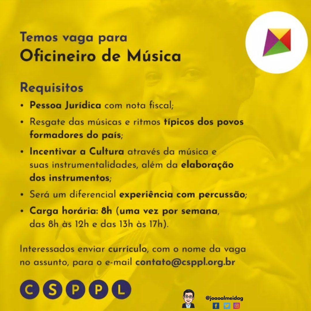 Joaoalmeidag's tweet image. UTILIDADE PÚBLICA

⚠Vagas no CSPPL
✓ Auxiliar Administrativo
✓ Educador Social
✓ Oficineiro de Gastronomia e Panificação
✓ Oficineiro de Música 

🎯 Local: Bairro Restinga - Porto Alegre/RS 
Maiores informações nos cards👇🏼👇🏼👇🏼

Boa sorte🍀
@joaoalmeidag