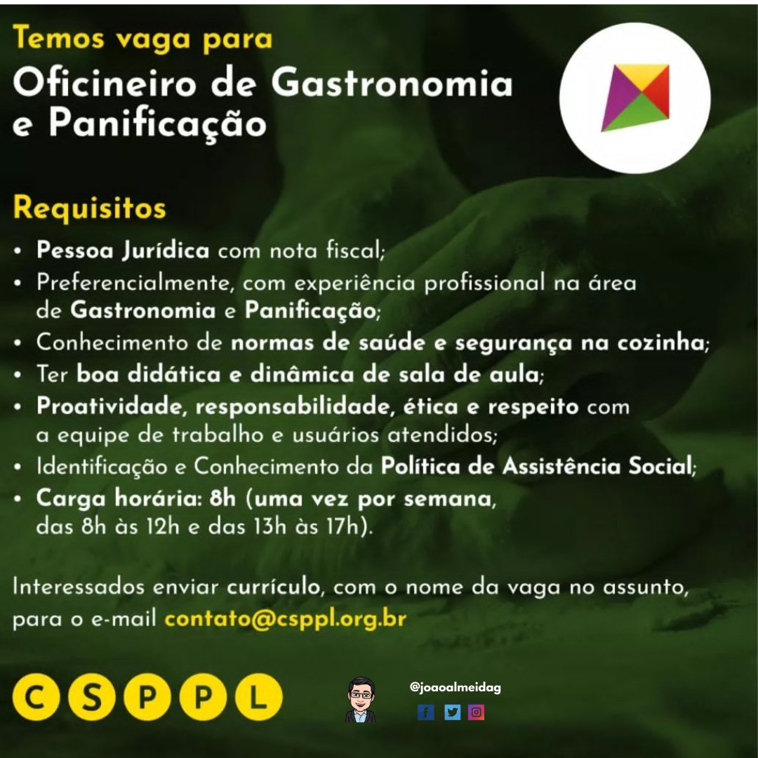 Joaoalmeidag's tweet image. UTILIDADE PÚBLICA

⚠Vagas no CSPPL
✓ Auxiliar Administrativo
✓ Educador Social
✓ Oficineiro de Gastronomia e Panificação
✓ Oficineiro de Música 

🎯 Local: Bairro Restinga - Porto Alegre/RS 
Maiores informações nos cards👇🏼👇🏼👇🏼

Boa sorte🍀
@joaoalmeidag