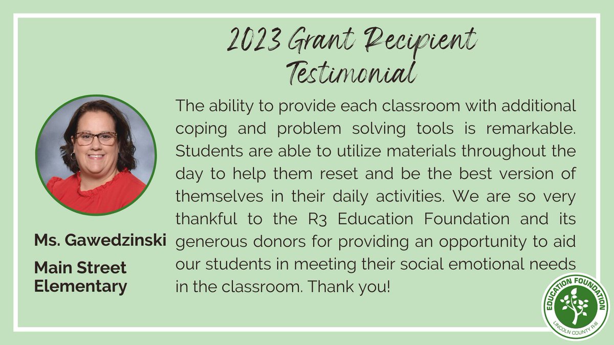 Ms. Gawedzinski received a 2023 grant for Social Emotional Tools for Main Street Elementary classrooms. Thank you to our donors and sponsors for helping to provide these essential tools for R3 students! #supportourstudents #proud2br3 #lcr3ef