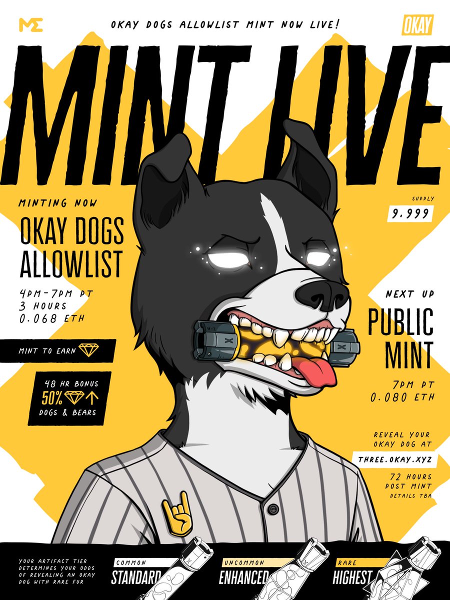 All bite. All Diamonds. @okay_dogs allowlist is live on Launchpad! Public mint at 7pm PT. Secondaries will have a 50% Diamond Bonus for 48 hrs & minters will also earn Diamonds as part of our Mint to Earn Season 1.