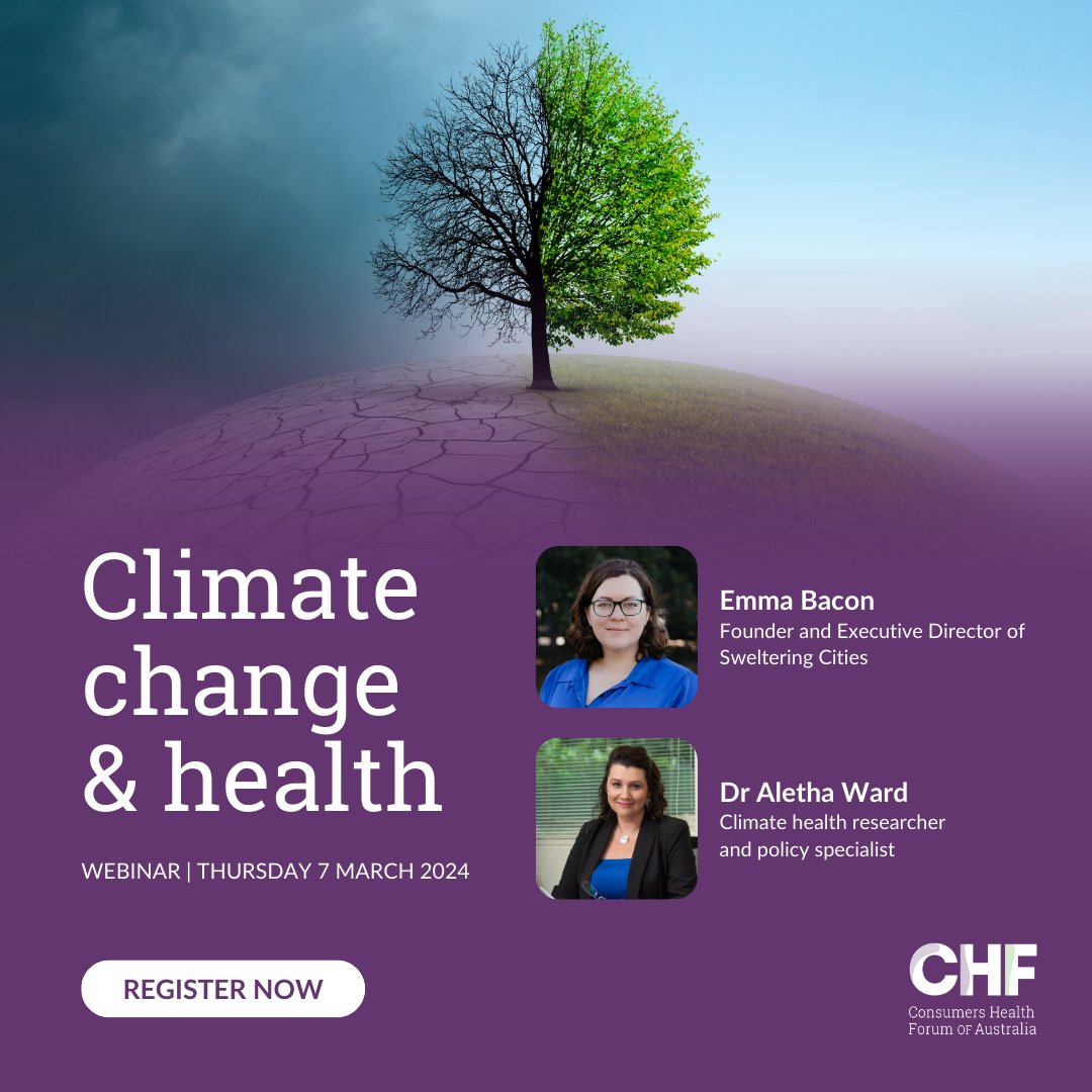 Emma Bacon from @SwelteringCity and Dr Aletha Ward will be joining our Climate and Health webinar on 7 March for an indepth discussion on climate change and health. Register now on the CHF website 👉chf.org.au/events/webinar…