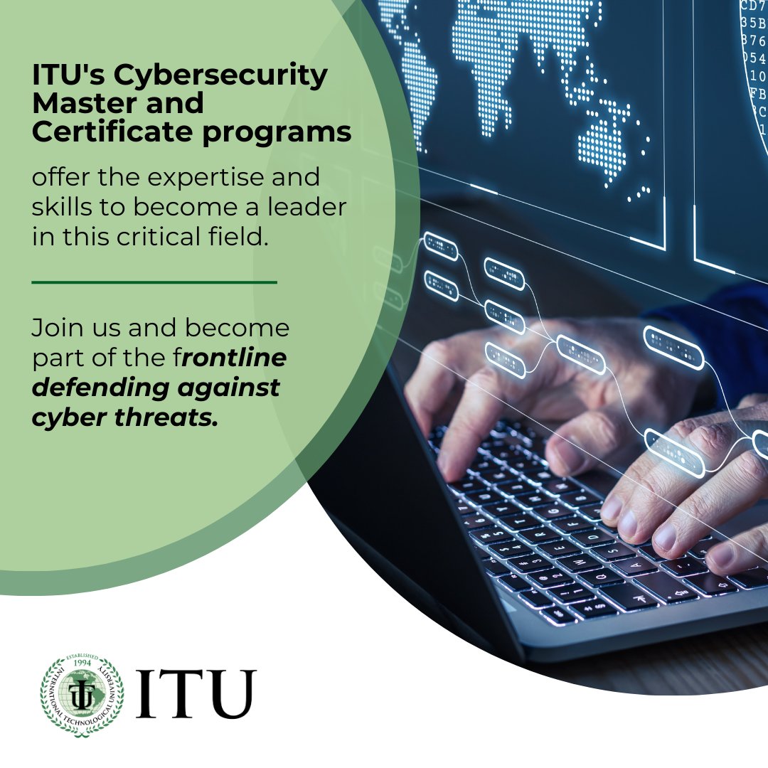 ITU_Tweets's tweet image. Join ITU&apos;s Cybersecurity Master and Certificate program and become part of the frontline defending against cyber threats!
Learn more: discover.itu.edu
#ITUSV #cybersecurity #cyberdefense #masterdegree #certificateprogram #innovation #techie