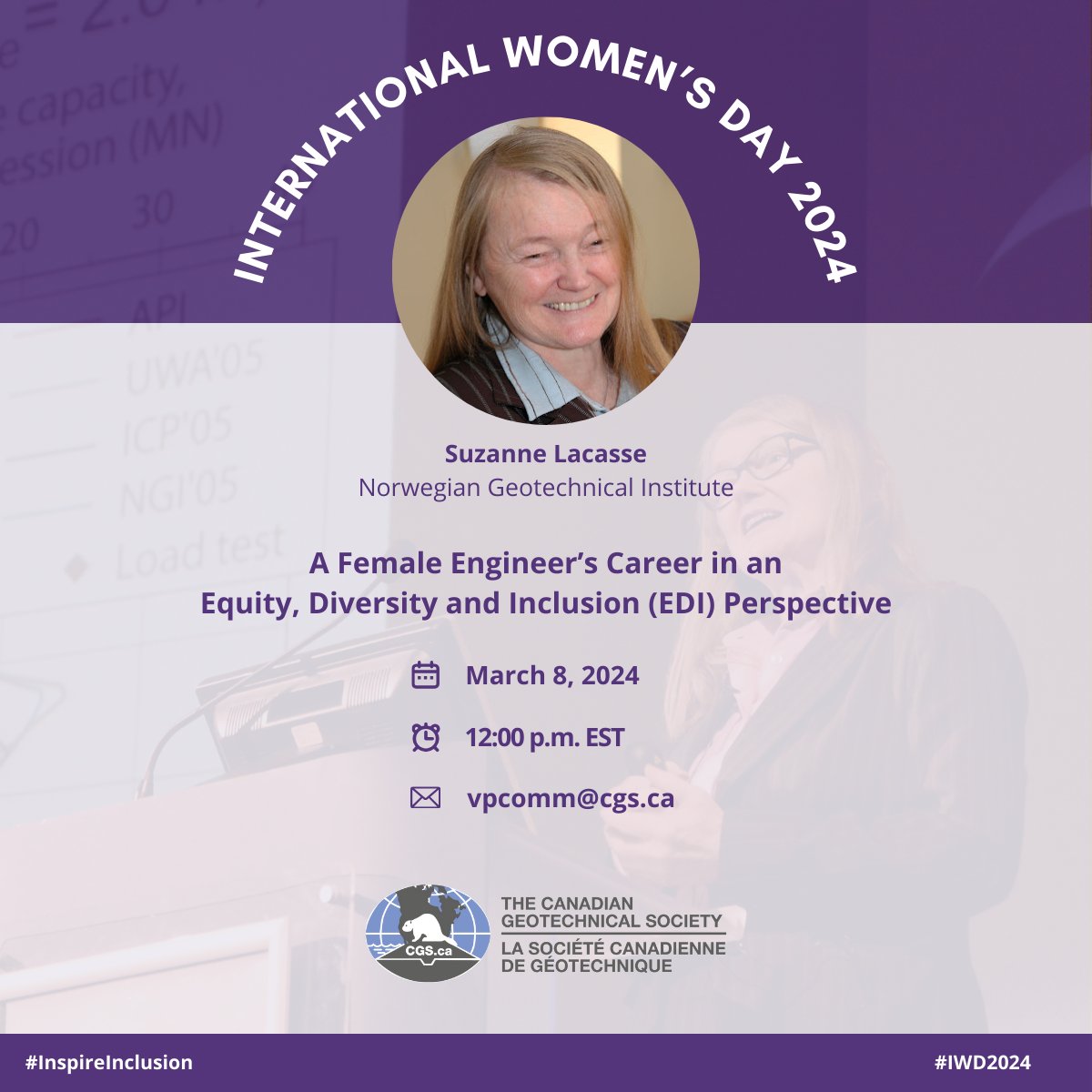 Please join the CGS in celebrating International Women’s Day on March 8, 2024!

🗣 Suzanne Lacasse
💡 A Female Engineer’s Career in an Equity, Diversity &amp; Inclusion (EDI) Perspective
📆 March 8, 2024 | 12 pm EST
🔗events.teams.microsoft.com/event/1c626988…

Register today! ⬆

#IWD2024