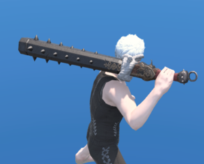 The matchlock greatclub is a gunblade designed by the Far Eastern Onishishu. At first, it seems like nothing more than a brutish bludgeon; however, the large steel cylinder is packed with aetherial ammunition for explosive firepower.