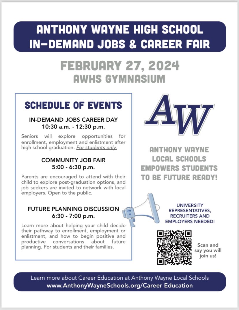 SBuckenmeyer's tweet photo. We had an amazing career fair today @awlshs! Thank you to the over 70 businesses partners, places of further education, and military for your support! Stay tuned for information on the new program #awgeneralsnetwork https://t.co/i3EHy9WYPP