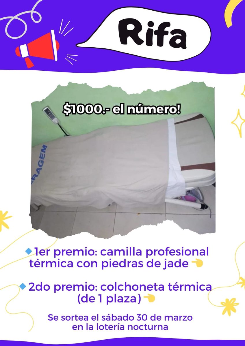 ¡Un RT ayuda lo mismo que una compra!
1- Camilla de masajes térmicos Ceragem, con rodillos.
2- Colchoneta térmica también marca Ceragem.
Sortea por lotería de la cuidad nocturna el 30 de marzo.
Valor del número: $1000 (Comprando 10, 5 más de regalo).