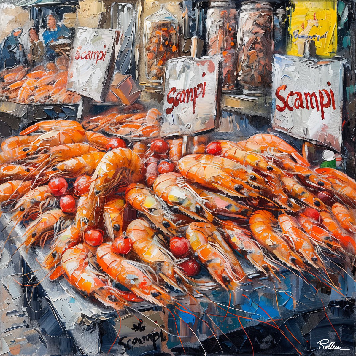 A SCAMPI SYMPHONY. Market's vibrant throng, Scampi dance in orange hues, Feast of sea's delight. Art/Merch at fineartamerica.com/featured/a-sca…… and redbubble.com/shop/ap/158781…… #SeafoodMarket, #ScampiArt, #MarketVibes, #FreshCatch, #ArtisticFeast