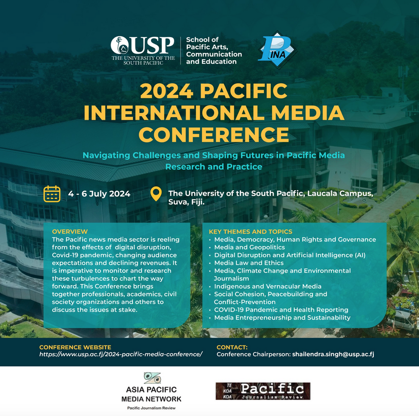 David Robie (@davidrobie) on Twitter photo An enterprising new #Pacific #Media Conference in mid-year 2024 hosted by The University of the South Pacific with partners PINA <a href="/PACNEWS2/">PACNEWS</a> and APMN/PJR <a href="/USPWansolwara/">USP Wansolwara</a> <a href="/USPlibrary/">USP Library</a> 4-6 July 2024 @AlexConference <a href="/JERAAus/">JERAA</a> <a href="/ARheeney/">Alexander Rheeney</a> <a href="/jameshollings/">jameshollings</a>
Website: usp.ac.fj/2024-pacific-m… An enterprising new #Pacific #Media Conference in mid-year 2024 hosted by The University of the South Pacific with partners PINA <a href="/PACNEWS2/">PACNEWS</a> and APMN/PJR <a href="/USPWansolwara/">USP Wansolwara</a> <a href="/USPlibrary/">USP Library</a> 4-6 July 2024 @AlexConference <a href="/JERAAus/">JERAA</a> <a href="/ARheeney/">Alexander Rheeney</a> <a href="/jameshollings/">jameshollings</a>
Website: usp.ac.fj/2024-pacific-m…