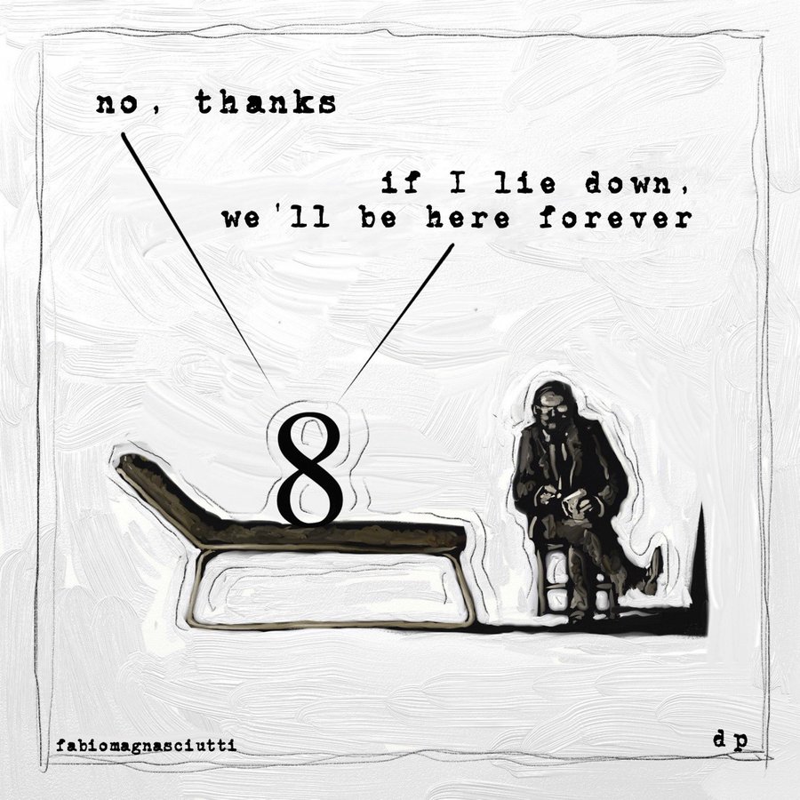 This is a mathematics joke.  The number 8 is talking with a psychotherapist. 

By Fabio Magnasciutti, <a href="/magnasciuttif/">fabio magnasciutti</a>, fabiomagnasciutti.blogspot.com, Used with permission.