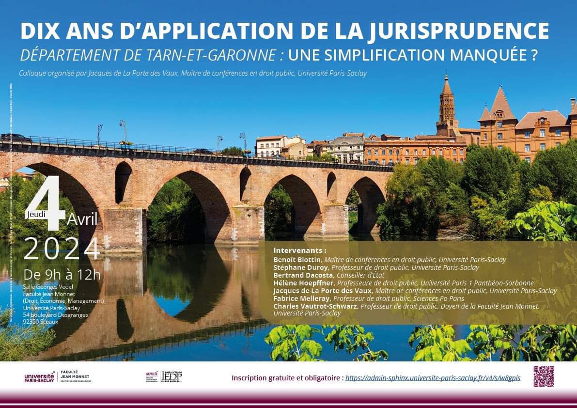 Institut d’Etudes de Droit Public (IEDP) (@institutdroit) on Twitter photo L’IEDP vous attend nombreux à la <a href="/FJMOfficiel/">Faculté Jean Monnet Paris-Saclay Officiel</a> pour fêter les 10 ans de la jurisprudence Tarn-et-Garonne ! Organisé par Jacques de La Porte des Vaux
Jeudi 4 avril 2024 de 9h à 12h <a href="/UnivParisSaclay/">Université Paris-Saclay</a> <a href="/AJDA_Dalloz/">AJDA</a> L’IEDP vous attend nombreux à la <a href="/FJMOfficiel/">Faculté Jean Monnet Paris-Saclay Officiel</a> pour fêter les 10 ans de la jurisprudence Tarn-et-Garonne ! Organisé par Jacques de La Porte des Vaux
Jeudi 4 avril 2024 de 9h à 12h <a href="/UnivParisSaclay/">Université Paris-Saclay</a> <a href="/AJDA_Dalloz/">AJDA</a>