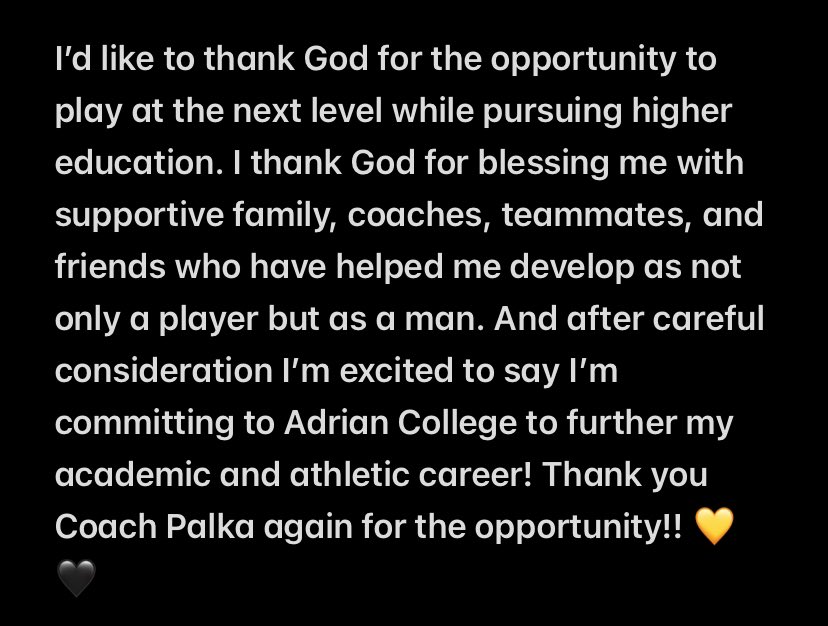a_cameron2's tweet photo. Committed! 💛🖤 @AdrianCollegeFB @Coach_Ty_Palka @Coach_Palka @RisingStars6 @CoachFlare https://t.co/4WBRSMwaC0