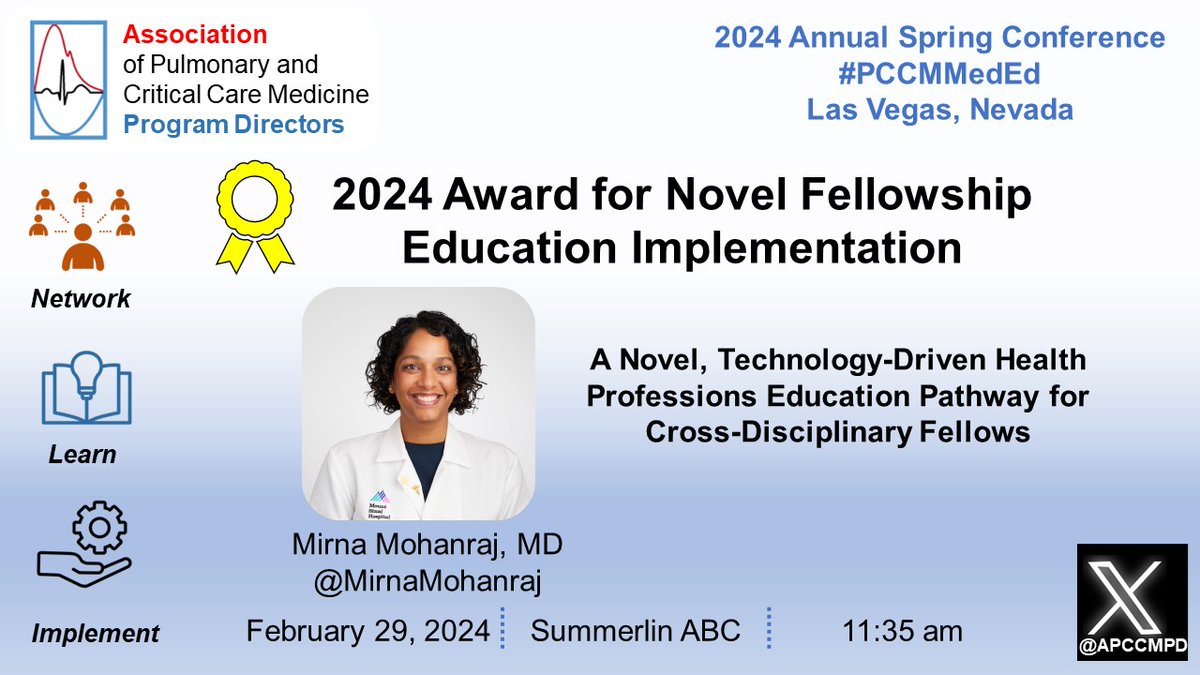 Join us in congratulating @MirnaMohanraj on receiving the 2024 Award for Novel Fellowship Education Implementation for the project A Novel, Technology-Driven Health Professions Education Pathway for Cross-Disciplinary Fellows

#APCCMPD2024 #PCCMMedEd #MedEd #PCCM #CCM