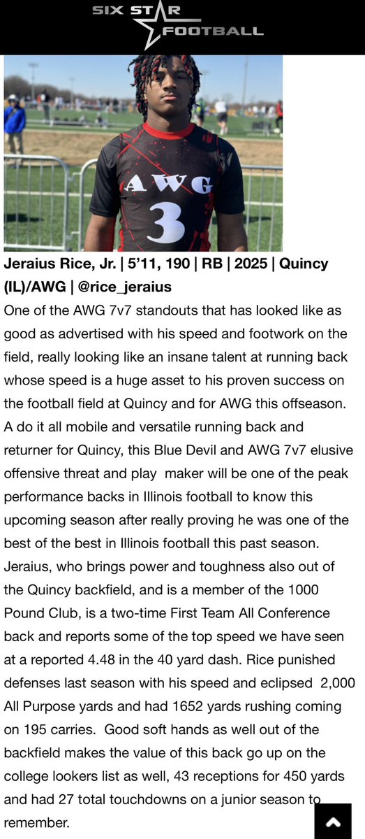AWG_7v7 (@awg7v7) on Twitter photo Any field, Any state, any level, pads, no pads, <a href="/rice_jeraius/">Jeraius Rice Jr</a> will be top 2 players on the field… and he’s not #2. If you’ve seen him play you understand. Elite hands, speed, body control, strength. Full package D1 talent, don’t worry, he’ll keep proving it. Any field, Any state, any level, pads, no pads, <a href="/rice_jeraius/">Jeraius Rice Jr</a> will be top 2 players on the field… and he’s not #2. If you’ve seen him play you understand. Elite hands, speed, body control, strength. Full package D1 talent, don’t worry, he’ll keep proving it.