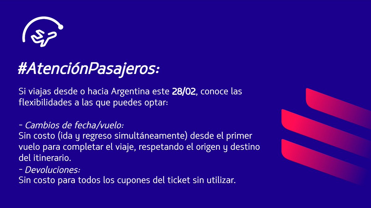 #AtenciónPasajeros: En virtud de la confirmación del paro de Intercargo para el 28/02 en Argentina, estaremos entregando alternativas para que los pasajeros con vuelos en esta fecha desde o hacia Argentina puedan modificar su viaje en Mis Viajes en latam.com