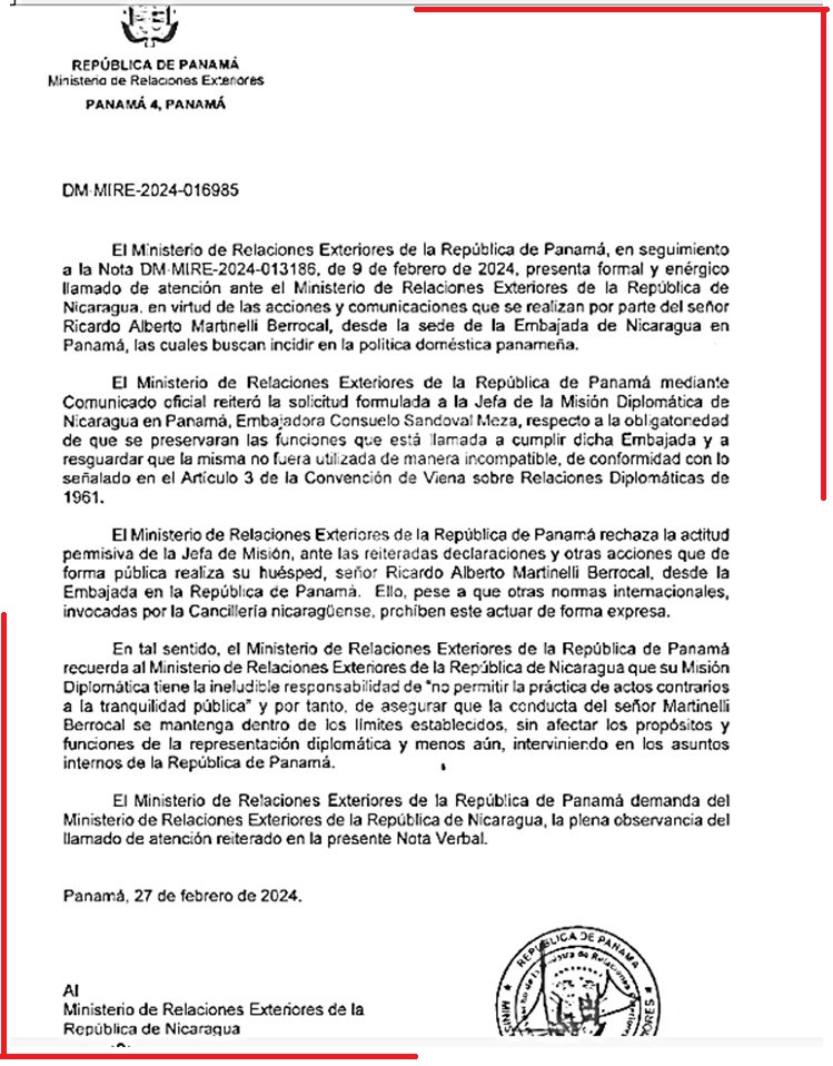 27/2/24- Panamá🇵🇦 exige a Nicaragua🇳🇮 que impida a Ricardo Martinelli intervenir en política desde embajada.
#Panamá acusó a #Nicaragua de  violar los convenios diplomáticos al permitir que el expresidente panameño emita opiniones políticas desde la embajada, donde está asilado.