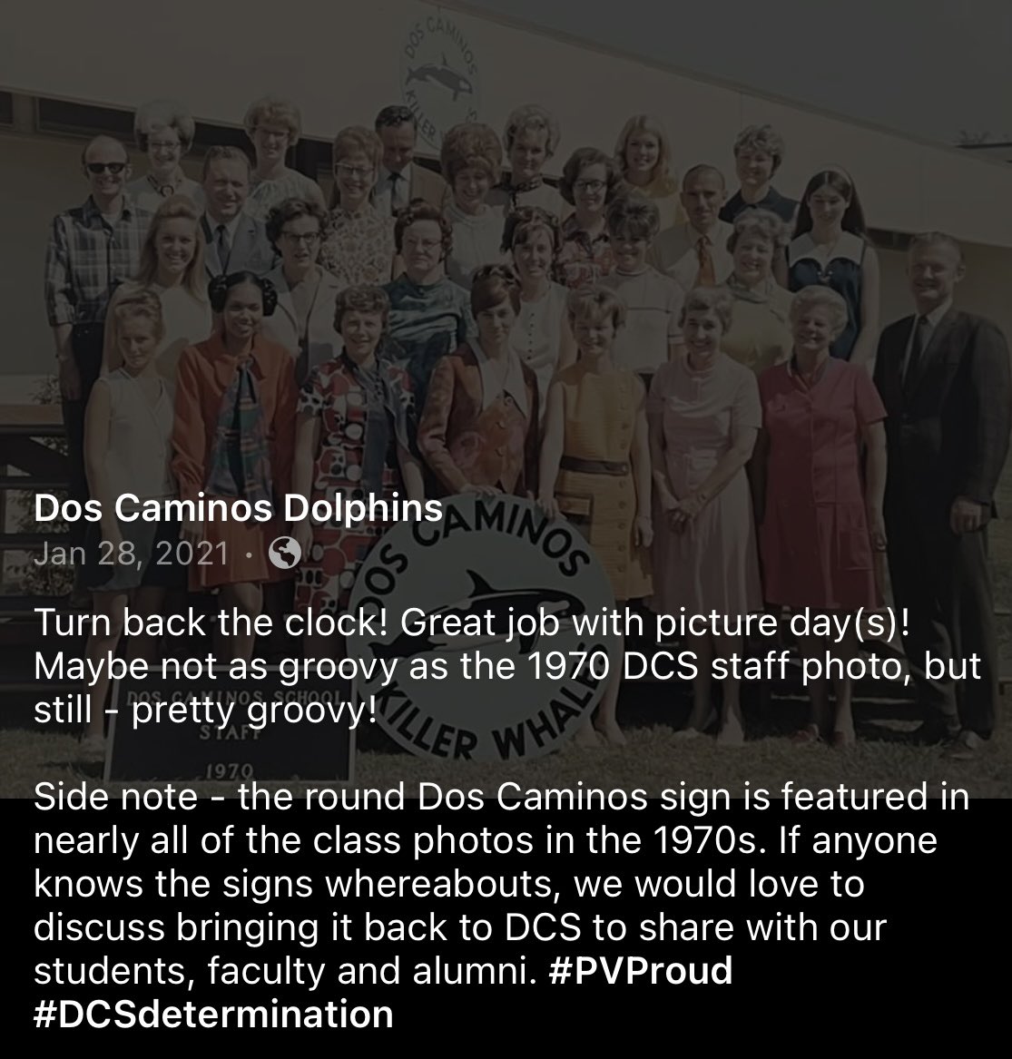 The Great Seal of Dos Caminos returns! ¡Vuelve el Gran Sello de Dos Caminos! 💙💙💙 The sign introduced in 1965 and appeared in nearly all of the class photos through 1978. After 1978, one was lost in a fire and the second was lost to time… Until now! #PVProud #DCSdetermination