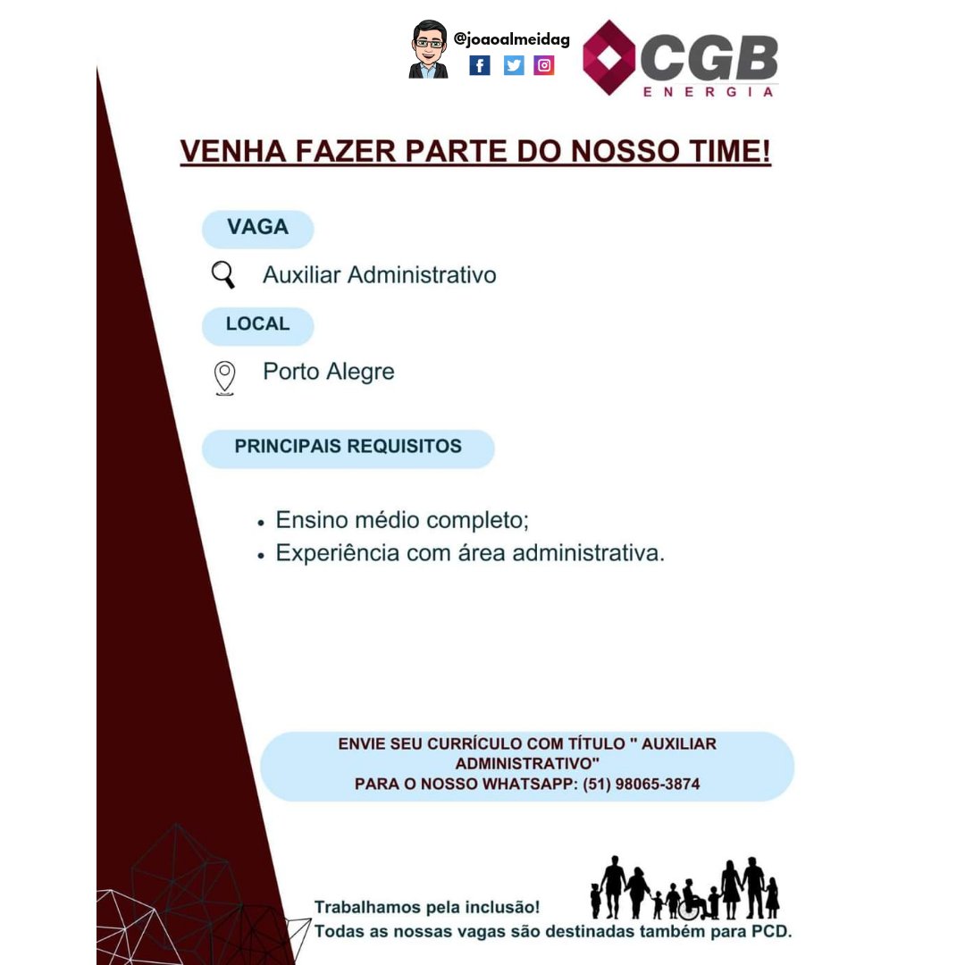 Joaoalmeidag's tweet image. UTILIDADE PÚBLICA
Vaga na CGB ENERGIA
✓ AUXILIAR ADMINISTRATIVO
LOCAL: PORTO ALEGRE
Maiores informações no card 🍀
Boa sorte🍀
@joaoalmeidag