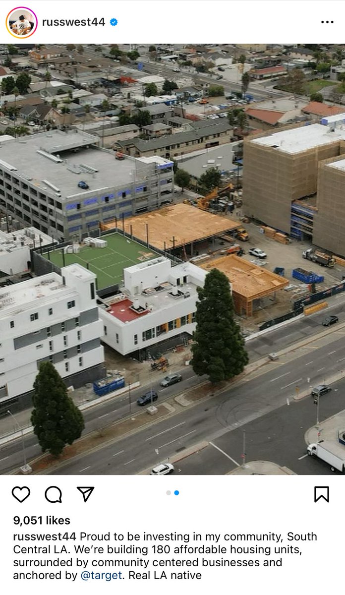 Russell Westbrook on IG: “Proud to be investing in my community, South Central LA. We’re building 180 affordable housing units, surrounded by community centered businesses and anchored by Target. Real LA native.”