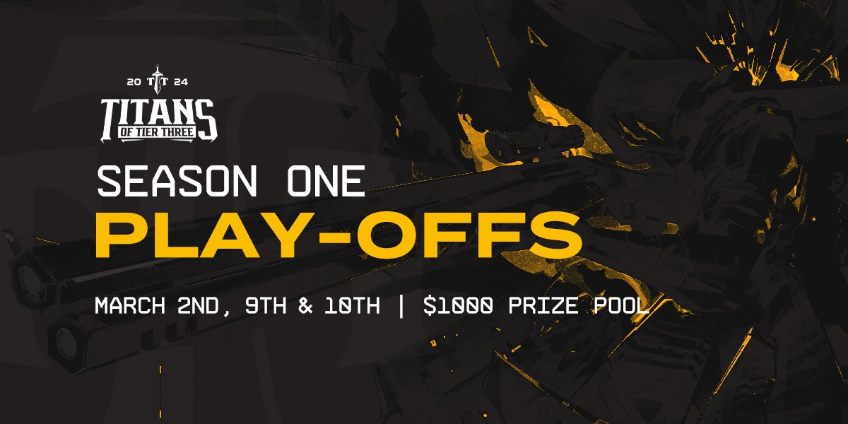📢 WELCOME TO PLAYOFFS! 📢

Watch the TITANS OF TIER THREE $1000 Playoffs kickoff live on twitch this Saturday!

📅 2nd, 9th &amp; 10th of March

Who do you think will be the KING Titan? 
#VALORANT #ClashOfTitans #TITANSOFTIERTHREE
⚔️twitch.tv/titansoftierth…