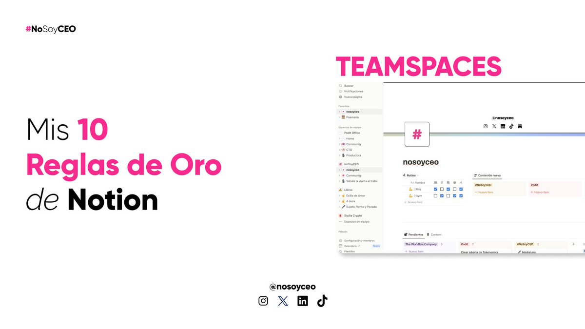 📣 7/10 reglas de oro de Notion: TEAMSPACES.

💻 Crear una #OficinaVirtual se convirtió en algo MUCHÍSIMO MÁS AMIGABLE Y FUNCIONAL desde que salieron los Teamspaces.

👇