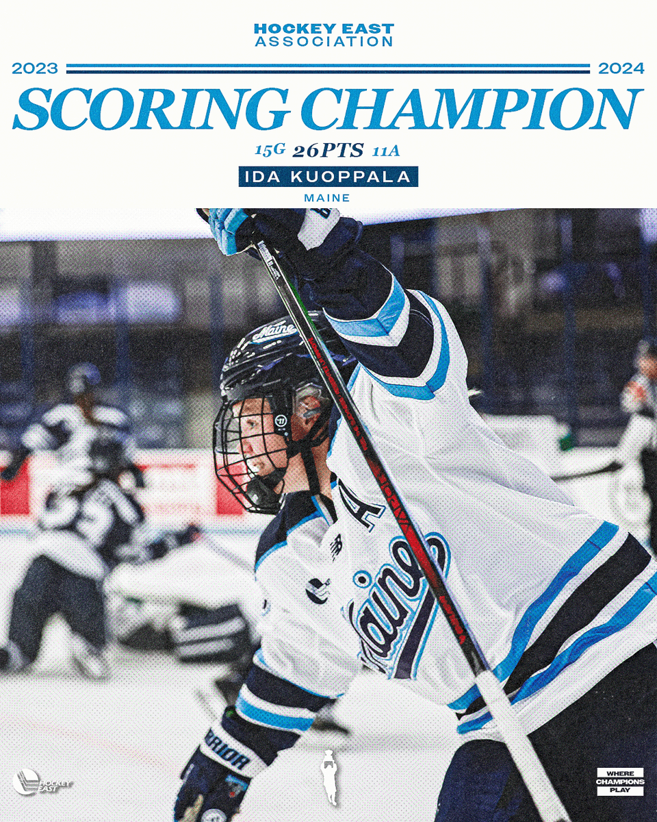hockey_east's tweet photo. The 2023-2024 #HockeyEast Scoring Champions:

Ida Kuoppala | @MaineWHockey 
Natálie Mlýnková | @UVMwhockey https://t.co/JvJ4Csuyyd