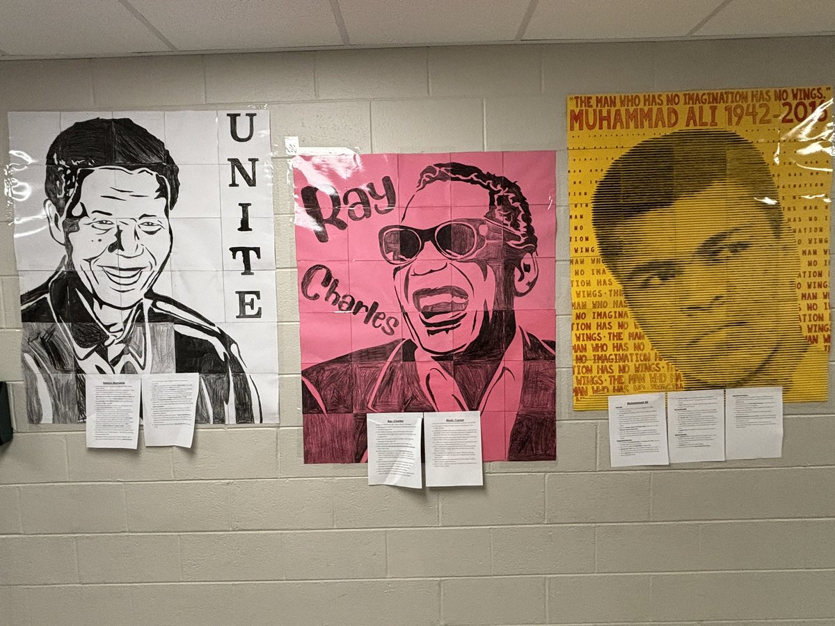 KellyDoc16's tweet photo. Students in Gr. 4 and 5 colored posters of well-known African Americans, Nelson Mandela, Ray Charles, and Aretha Franklin, to name a few. We then used #pebblegonext to research and learn more about each person. @CapstonePub @culbertson_mnsd @MNSDTandL https://t.co/6N9le7dFJL