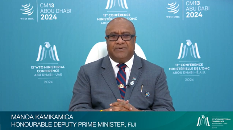 ForumSEC's tweet photo. #WTOMC13AbuDhabi voices: 

"This is more than a matter of national interest - it is a matter of national survival. " 

--#Fiji Deputy PM Manoa Kamikamica gets to the heart of the matter as #FisheriesSubsidies talks intensify in UAE this week.

See https://t.co/kv2RP9JHFT

#OCOF https://t.co/wc5BWnPRg5