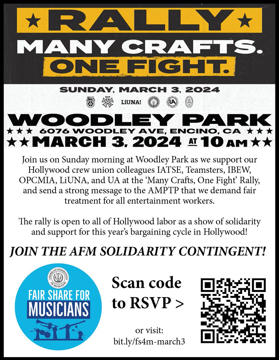 Join us on Sunday morning at Woodley Park in Encino as we support our Hollywood crew union colleagues at the ‘Many Crafts, One Fight’ Rally, and send a strong message to the AMPTP that we demand fair treatment for all entertainment workers. RSVP: afmfairshareformusicians.org/take-action/