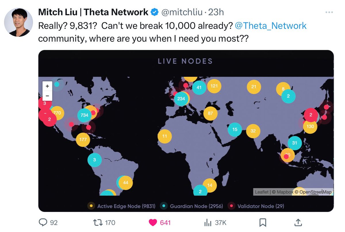 planetmindbody's tweet image. There are now more than 10,000 EENs. The #Theta community answered to @mitchliu’s call in less than a day. Mitch has a loyal following, and the community is tops. Thanks to all of you who run their on EEN or who delegate their TFuel to help build the @Theta_Network EdgeCloud.