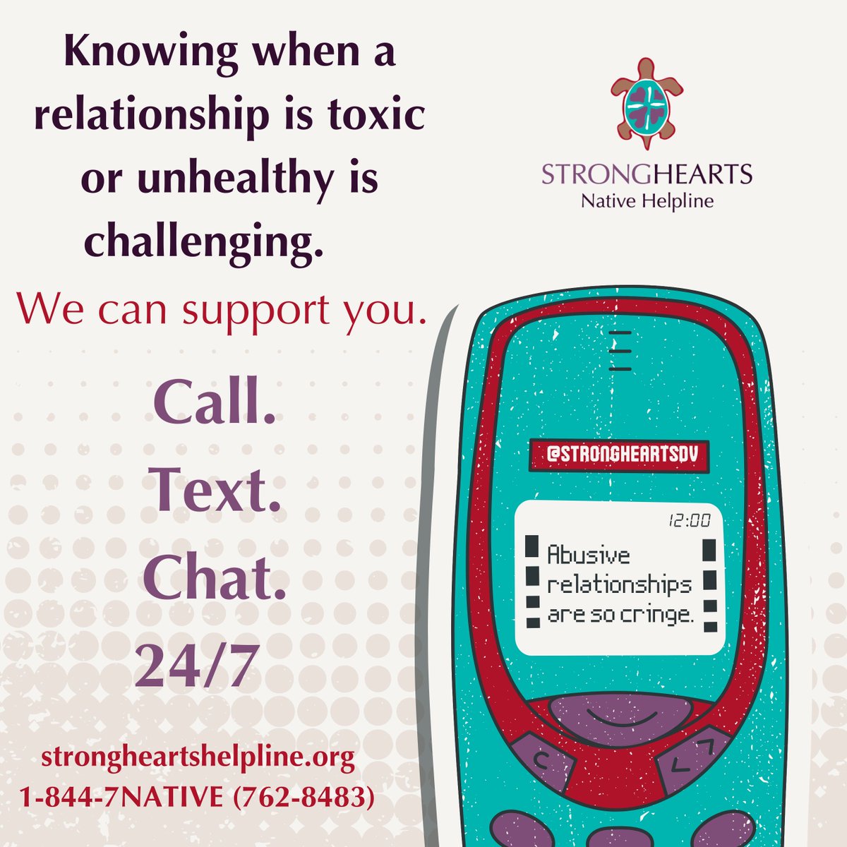 Knowing when a relationship is toxic or unhealthy is challenging. We can support you. 🫶🏼

strongheartshelpline.org
1-844-7NATIVE (762-8483)

#TeenDVAM #ParentsPreventingDV