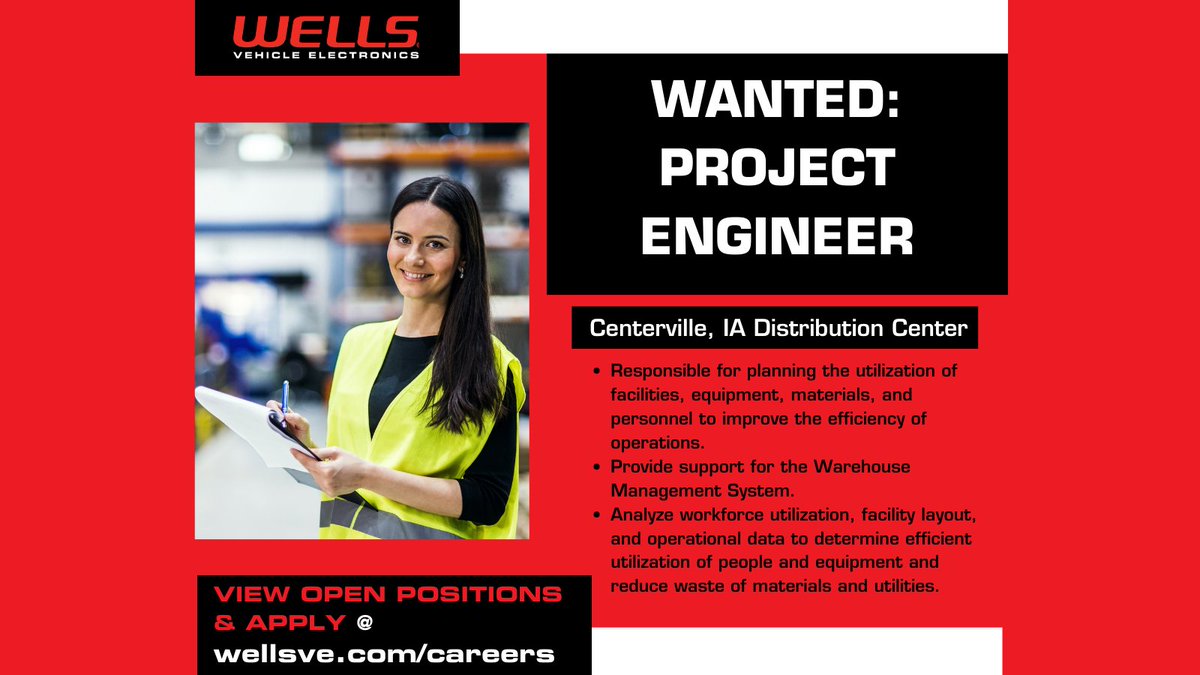 We're in search of a Project Engineer to join our team at our Centerville, Iowa Distribution Center. Apply now to be part of a team with a rich history of serving the automotive industry and a commitment to driving excellence! ow.ly/ywe550QIxIm #WorkAtWells