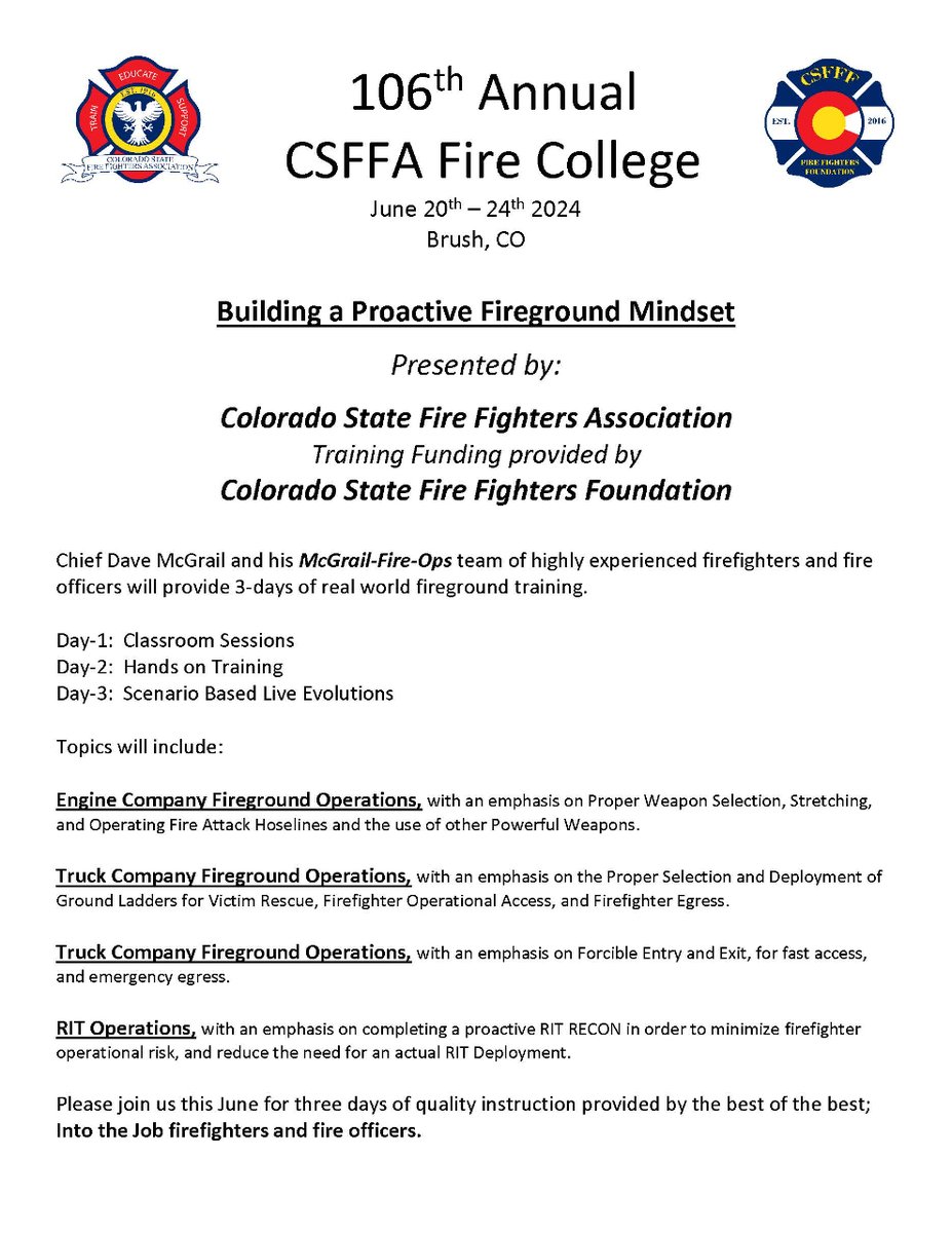 CSFFF_'s tweet photo. SAVE THE DATE for the 106th Annual CSFFA Fire College, June 20-24, 2024! Registration opens soon. https://t.co/n4rD2WxvM3