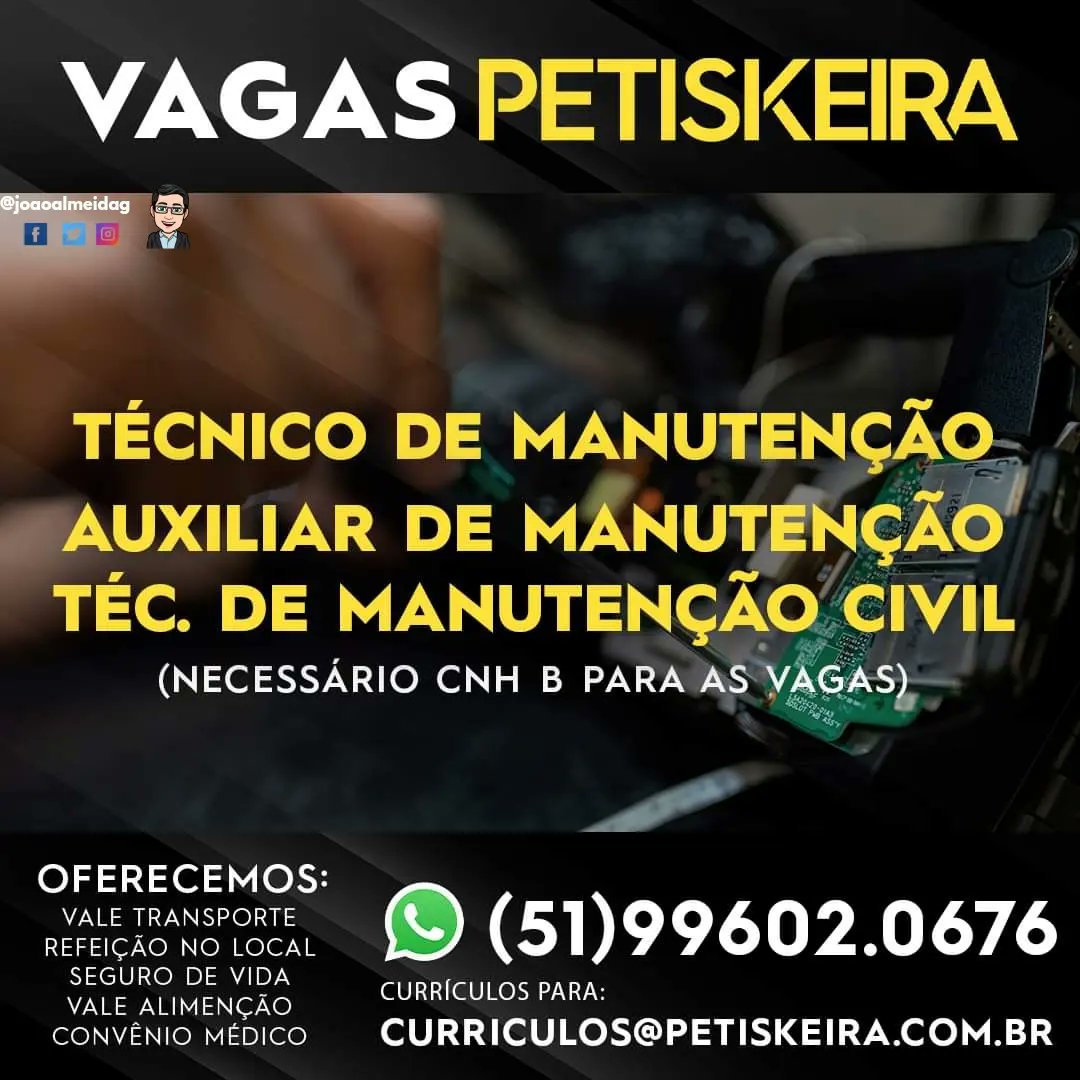 Joaoalmeidag's tweet image. UTILIDADE PÚBLICA
Vaga na PETISKEIRA 
✓ DIVERSAS VAGAS
LOCAL: PORTO ALEGRE
Maiores informações nos cards🍀
Boa sorte🍀
@joaoalmeidag