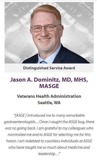 George Ioannou (@gnioannou) on Twitter photo My mentor <a href="/JasonDominitz/">Jason Dominitz, MD, MHS</a> has received the Distinguished Service Award by the American Society of Gastrointestinal Endoscopy <a href="/ASGEendoscopy/">ASGE GI Endoscopy</a> ❗❗
Jason is a Giant & Legend.
More than anyone, he improved GI practice in the VA as National GI Program Director My mentor <a href="/JasonDominitz/">Jason Dominitz, MD, MHS</a> has received the Distinguished Service Award by the American Society of Gastrointestinal Endoscopy <a href="/ASGEendoscopy/">ASGE GI Endoscopy</a> ❗❗
Jason is a Giant & Legend.
More than anyone, he improved GI practice in the VA as National GI Program Director