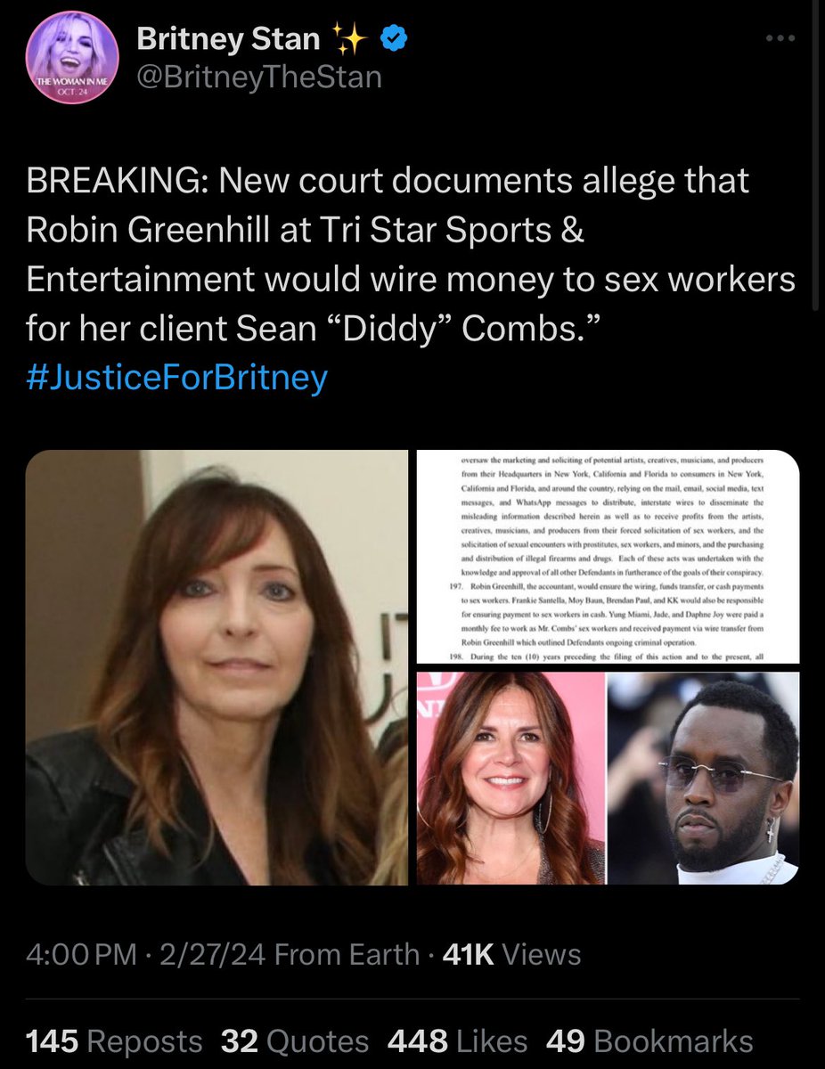 LizCrokin's tweet photo. WAS DIDDY PART OF JEFFREY EPSTEIN’S SEX TRAFFICKING RING & WAS BRITNEY SPEARS ONE OF THEIR VICTIMS? 

There’s a ton of bombshells coming out via court documents on Diddy. As @MJTruthUltra points out below, the documents allege Epstein level potential sex crimes tied to the music industry with alleged evidence — including audio and video recordings — exposing sexual assault, blackmail, grooming, trafficking, child rape and even murders. 

Furthermore, @BritneyTheStan posted a court record alleging that Robin Greenhill of Lou Taylor’s Tri Star wired money to sex workers for her client Diddy. 

Taylor was the architect of the corrupt and illegal conservatorship of Britney Spears. Greenhill allegedly helped run the illegal surveillance of Spears in tandem with Edan Yemini’s Black Box security firm. 

Both Spears and Diddy have been photographed with Epstein’s alleged trafficker Rachel Chandler. 

Britney Spears, under oath, compared what Taylor and her team did to her to sex trafficking in her 2021 court testimony. 

"The only thing comparable is sex trafficking," Spears said. 

Was Britney a victim of Epstein’s ring and was Diddy a part of it?