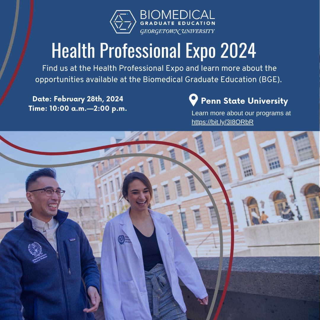 Georgetown University's Biomedical Graduate Education (BGE) will be at Penn State's Alumni Hall on February 28th, 2024, from 10:00 a.m. to 2:00 p.m. See you there! Learn more about our programs at bit.ly/3I8ORbR #HealthProfessionsExpo #GeorgetownBGE #PennState