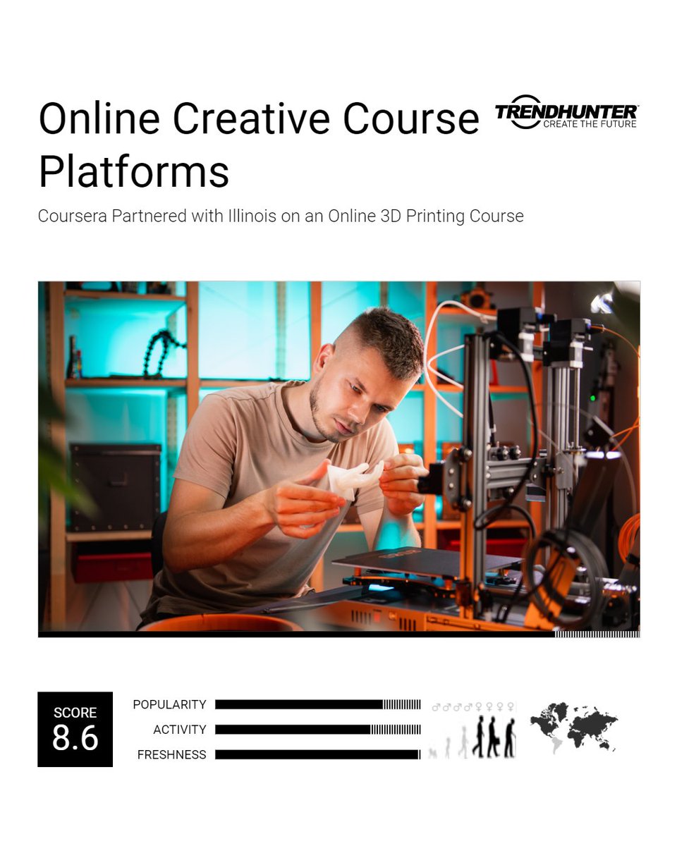 trendhunter's tweet photo. Explore new possibilities and break barriers with these 3D printing courses, whether you're seeking fulfillment at work or a new hobby. Learn more about our Hobbyist Printing insight: https://t.co/PESnPZPuhZ #CreateTheFuture #ConsumerInsight #3DPrinting https://t.co/EY0lqGD4Xl