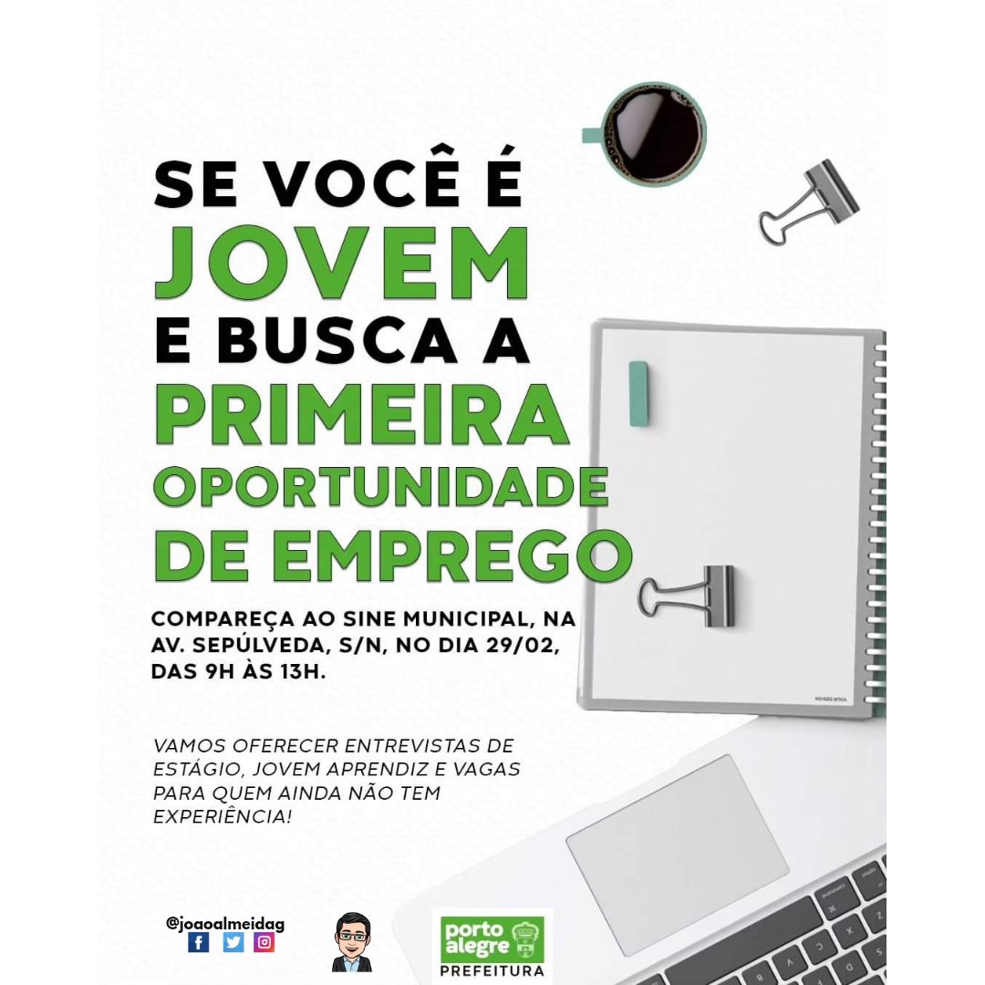 Joaoalmeidag's tweet image. UTILIDADE PÚBLICA
O Sine Municipal vai ajudar a gurizada a chegar com segurança na busca pelo primeiro emprego! 💼 🧑👧

Na próxima quinta, dia 29, avise os amigos e venha até a av. Sepúlveda, s/n, para tentar uma oportunidade! 💪

#AGenteVive 
Boa sorte🍀
@joaoalmeidag