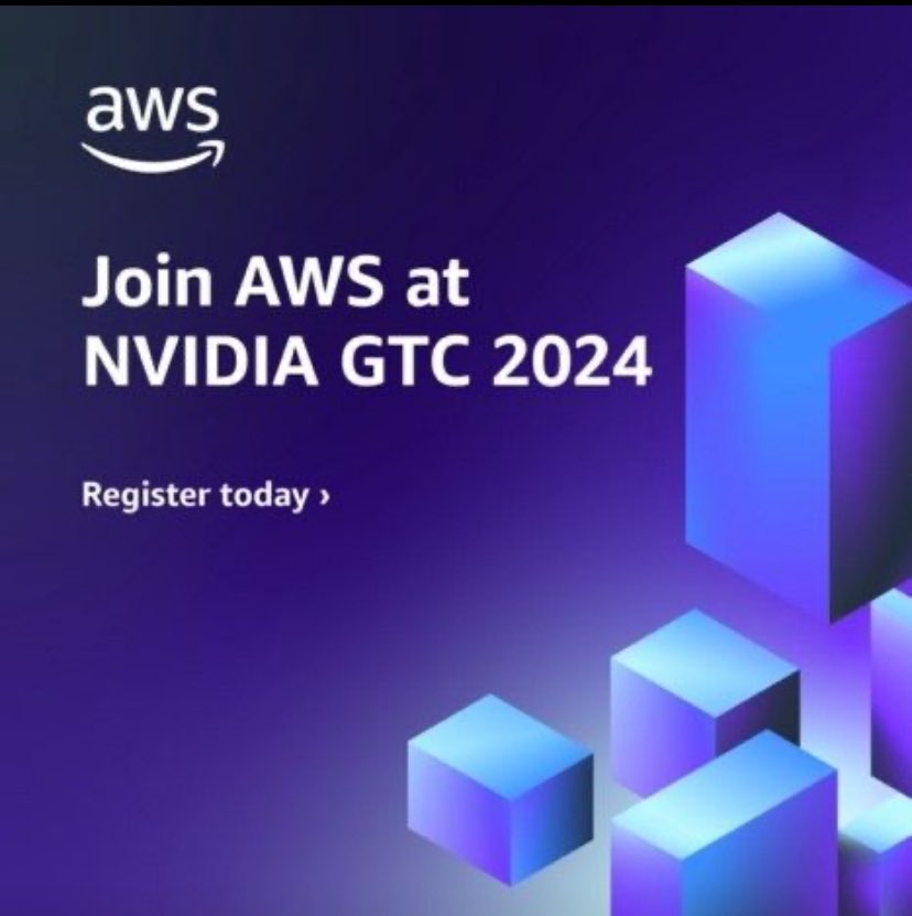 I’d like to invite you to visit the AWS-booth (#708) at the NVIDIA GTC, March 18-21, 2024 in San Jose! Get your discount code to join AWS at NVIDIA GTC 2024: lnkd.in/g6GwYfND See you there 😊 #AWS #NVIDIA #AI #cloud #NVIDIAGTC24