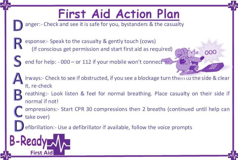 💜💜💜 DRSABCD , Know how & what to do in an emergency. 💜💜💜

 #Breadyfirstaid #unconscious #firstaidtrainingIpswich #firstaidtrainingSpringfield #firstaidtrainingGatton #CPRtraining #Firstaidtraining #DRSABCD #actionplan #chainofsurvival #emergencyresponders #Emergency